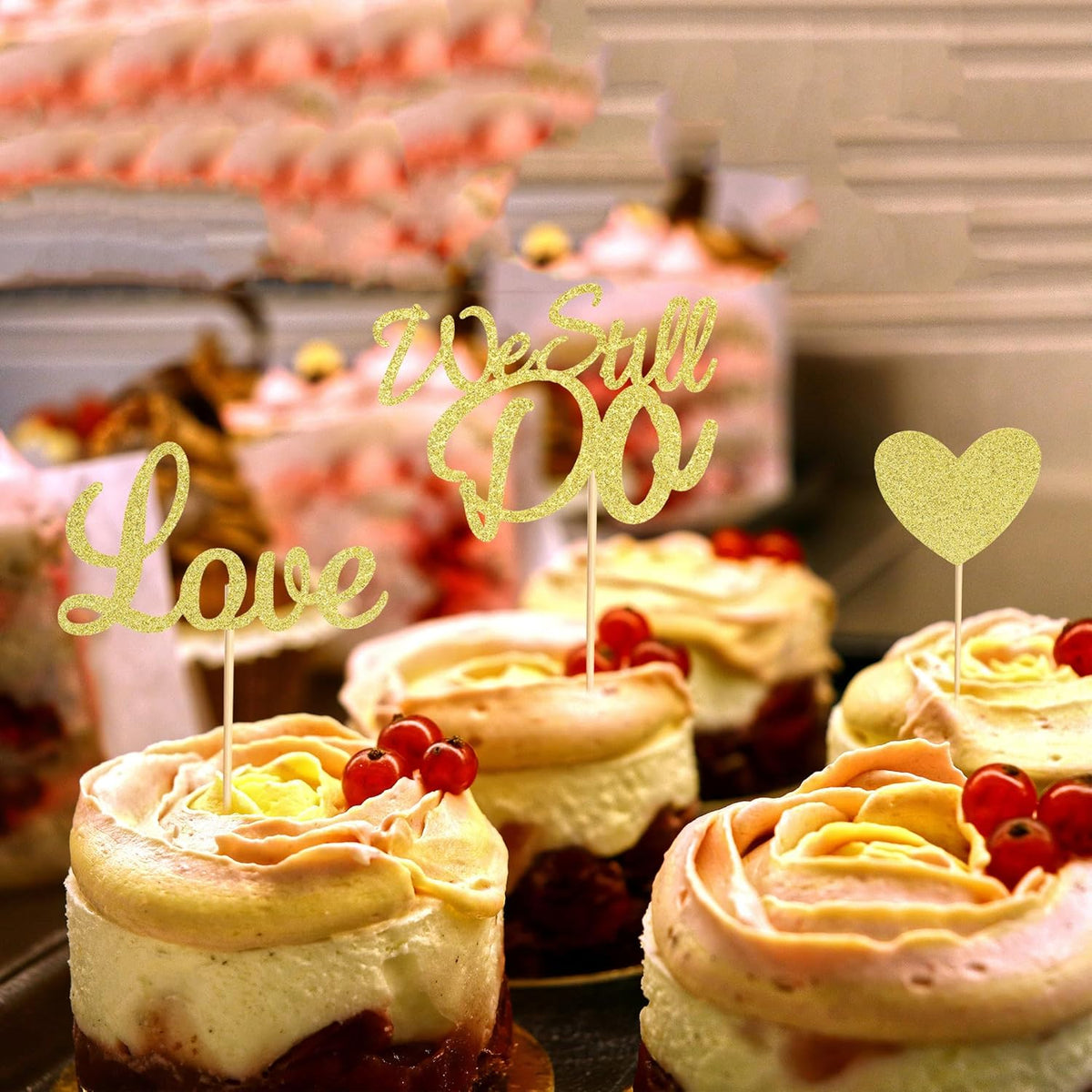 24Pcs We Still Do Cupcake Toppers Glitter Love Heart Marriage Anniversary Cupcake Picks Bridal Shower Wedding Engagement Birthday Cake Decorations Supplies - Gold Glitter