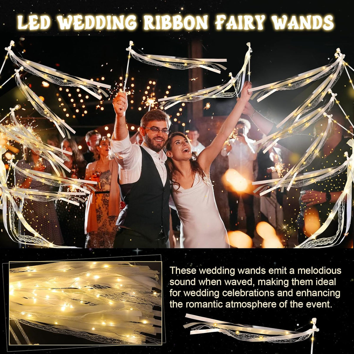 50 Pcs Wedding Wands Ribbon Streamers with 3 Colorful Flashing Modes, Light up LED Silk Fairy Wands, Glow Lace Stick with Bells for Wedding Reception, Graduation, New Year, Birthday Party (Warm White)