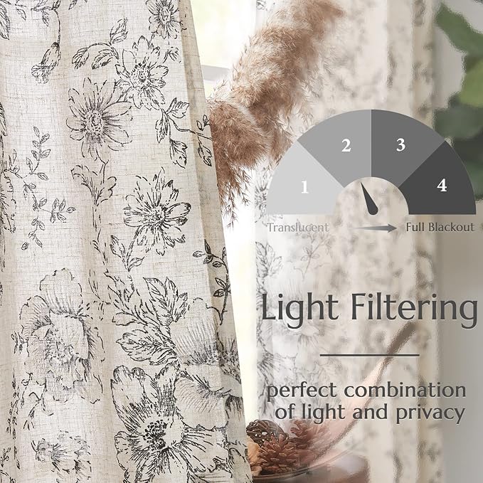 jinchan Black Floral Linen Curtains 45 Inch Vintage Back Tab 2 Panels | Light - Image 4