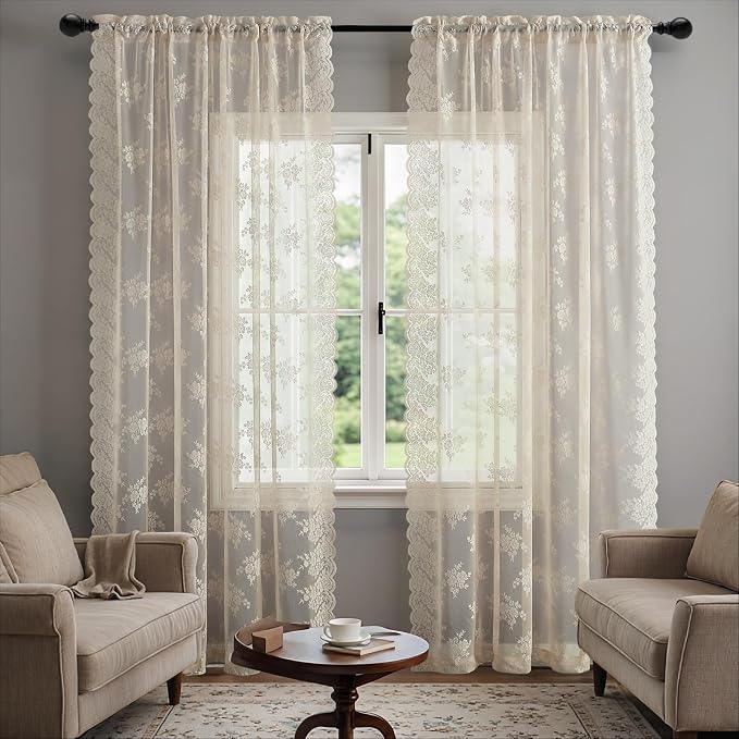 Kotile Beige Lace Floral Curtains - Image 6