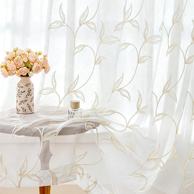 Sheer Curtains Boho Leaf Floral Embroidered Cream Beige 54Wx84L | Light by VISIONTEX