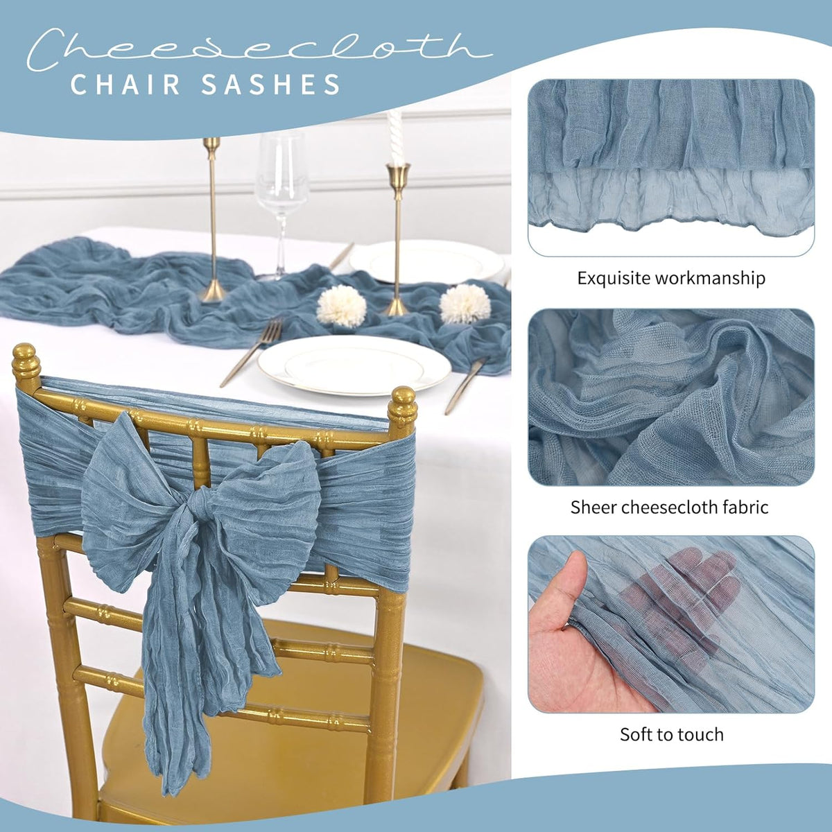 50 PCS Cheesecloth Chair Sashes, Bows Designed ChairSashes, 15.7x70 inch Chair Sashes for Aisle Decorations Universal Chairs Cover Decoration for Wedding Reception Party Banquet (Dusty Blue)
