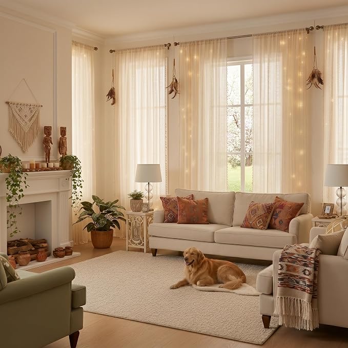 WAZZIO Boho Lace Curtains 90 Inches 2 Panel, Light Filtering Privacy Tassel & - Image 4