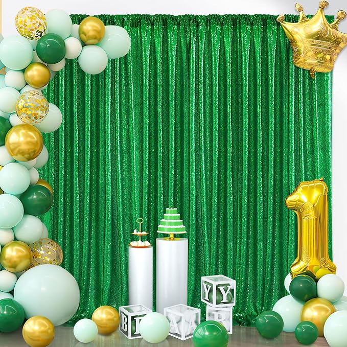 Green Sequin Backdrop Curtains Party Photo Glitter Drapes 2 Pcs 2FTx8FT | - Image 3