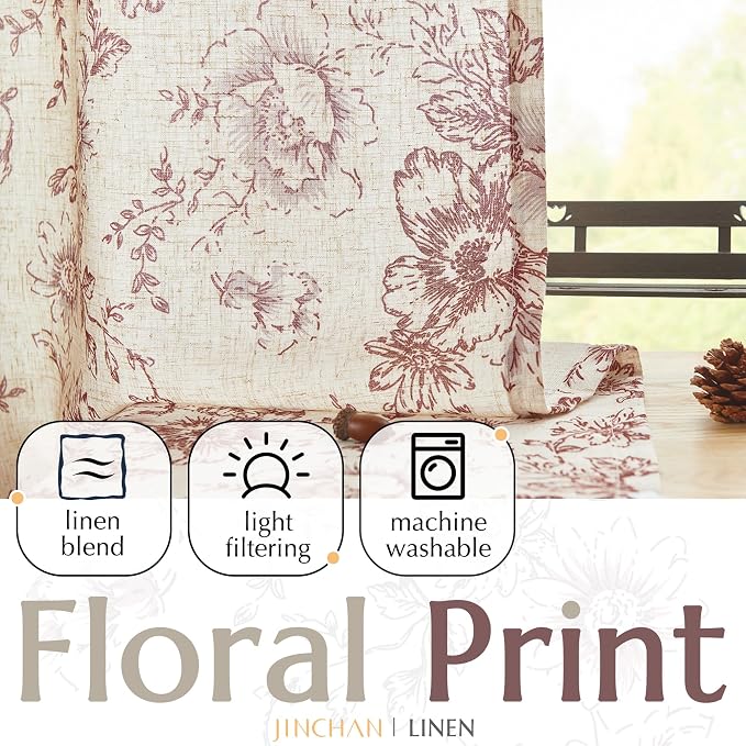 jinchan Red Floral Linen Curtains 90 Inch Vintage Back Tab 2 Panels | Light - Image 5