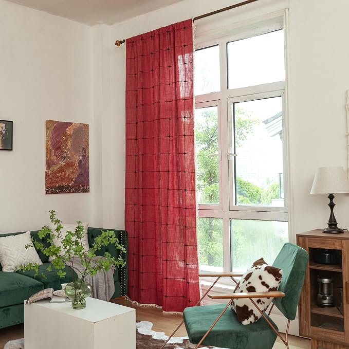 Sutuo Home Boho Curtains for Kitchen Nursery 63 Inch Length, Grid Linen Light - Image 6