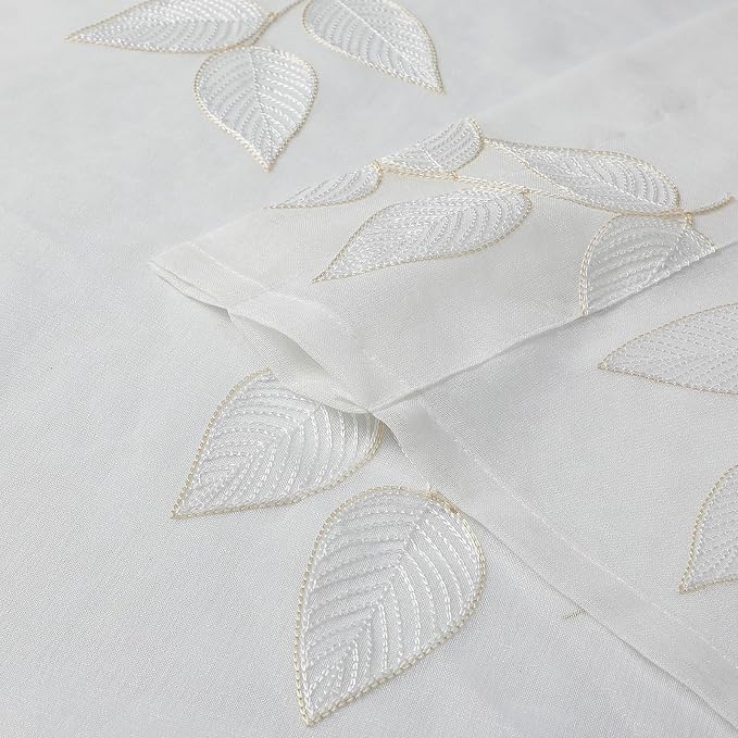 Beige Sheer Curtains Leaf Embroidered 63 Inches Long 2 Panels | Light Filtering - Image 6