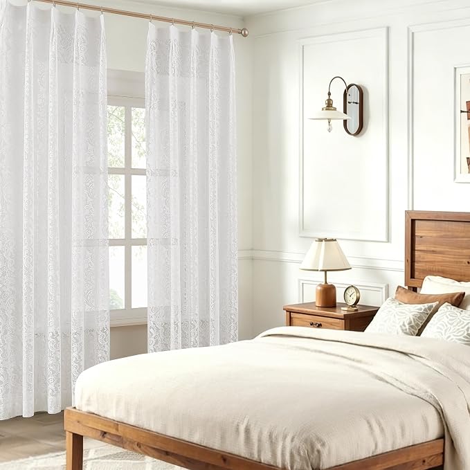 Bujasso White Lace Pinch Pleat Curtains 63 inch, Vintage Floral Sheer Drapes - Image 8