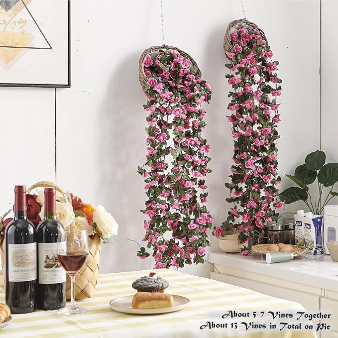 Artificial Flower Garland 8pcs 8.2ft Rose Vine Decor, Magenta Flower | PONKING - Image 2