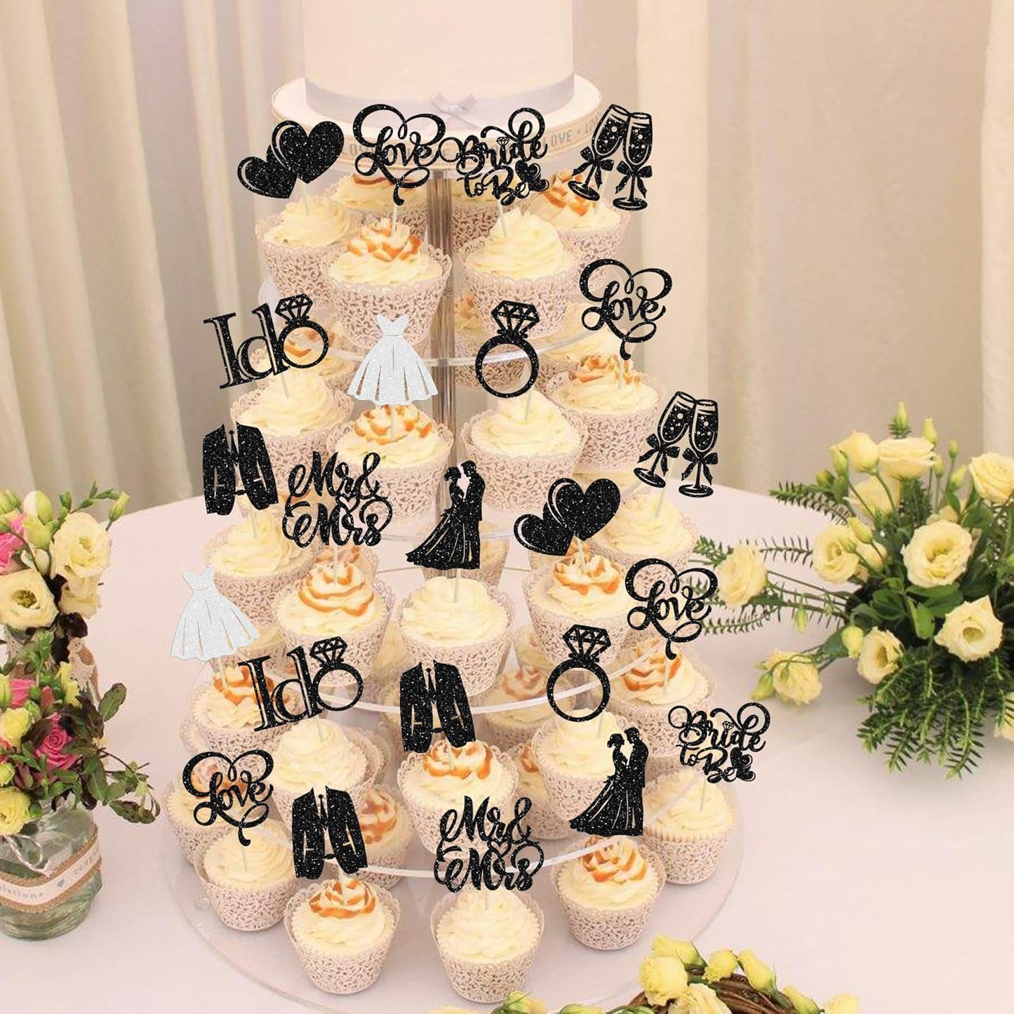 Gyufise 30Pcs Bride to Be Cupcake Toppers Glitter Diamond Ring I Do Love Cupcake Picks Miss to Mrs Bridal Shower Wedding Engagement Bachelorette Cake Decoration Black