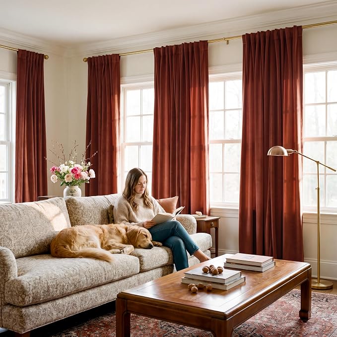 Rust Red Velvet Curtains for Christmas Decor, W52 x L96, 2 Panels | Back Tab - Image 8