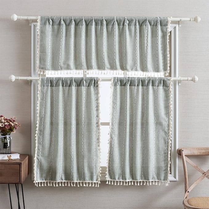 RoomTalks Green Boho Farmhouse Kitchen Curtains 54 Inch Length French Striped - Image 3