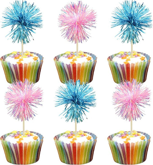 Gyufise 30Pcs Foil Firework Cupcake Toppers Sparkle Tinsel Cake Toppers Tinsel by Gyufise