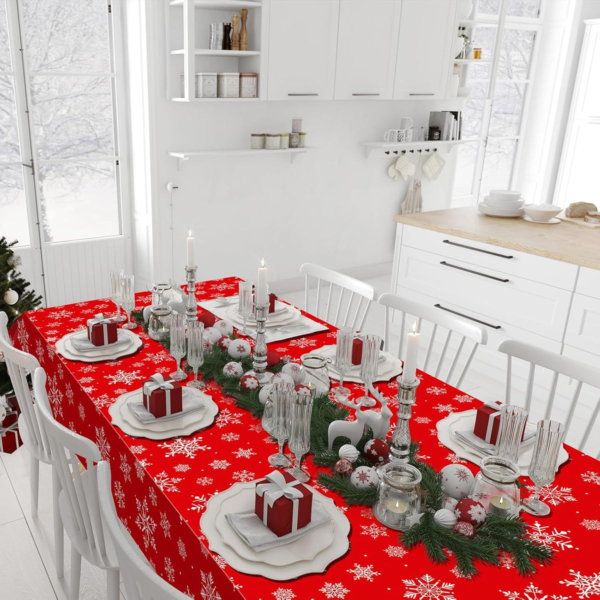 12 Pieces Christmas Snowflake Plastic Party Tablecloth Decorations,54x108 inch Disposable White Red Rectangle Snowflake Xmas Table Cover Backdrop for Winter Christmas Holiday New Year Party Supplies