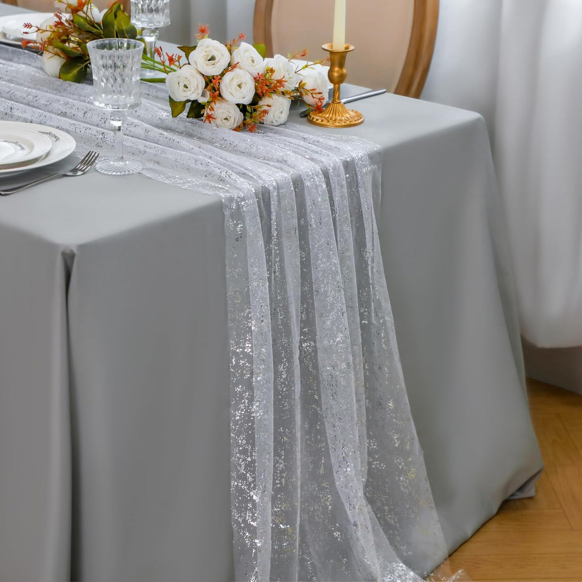Snowkingdom 3 Pcs 10 FT Silver Cheesecloth Table Runner, 120 Inch Sheer Chiffon Gauze Runner, Sequin Glitter Silver Table Decoration Centerpieces for Wedding Birthday Christmas Bridal Baby Shower