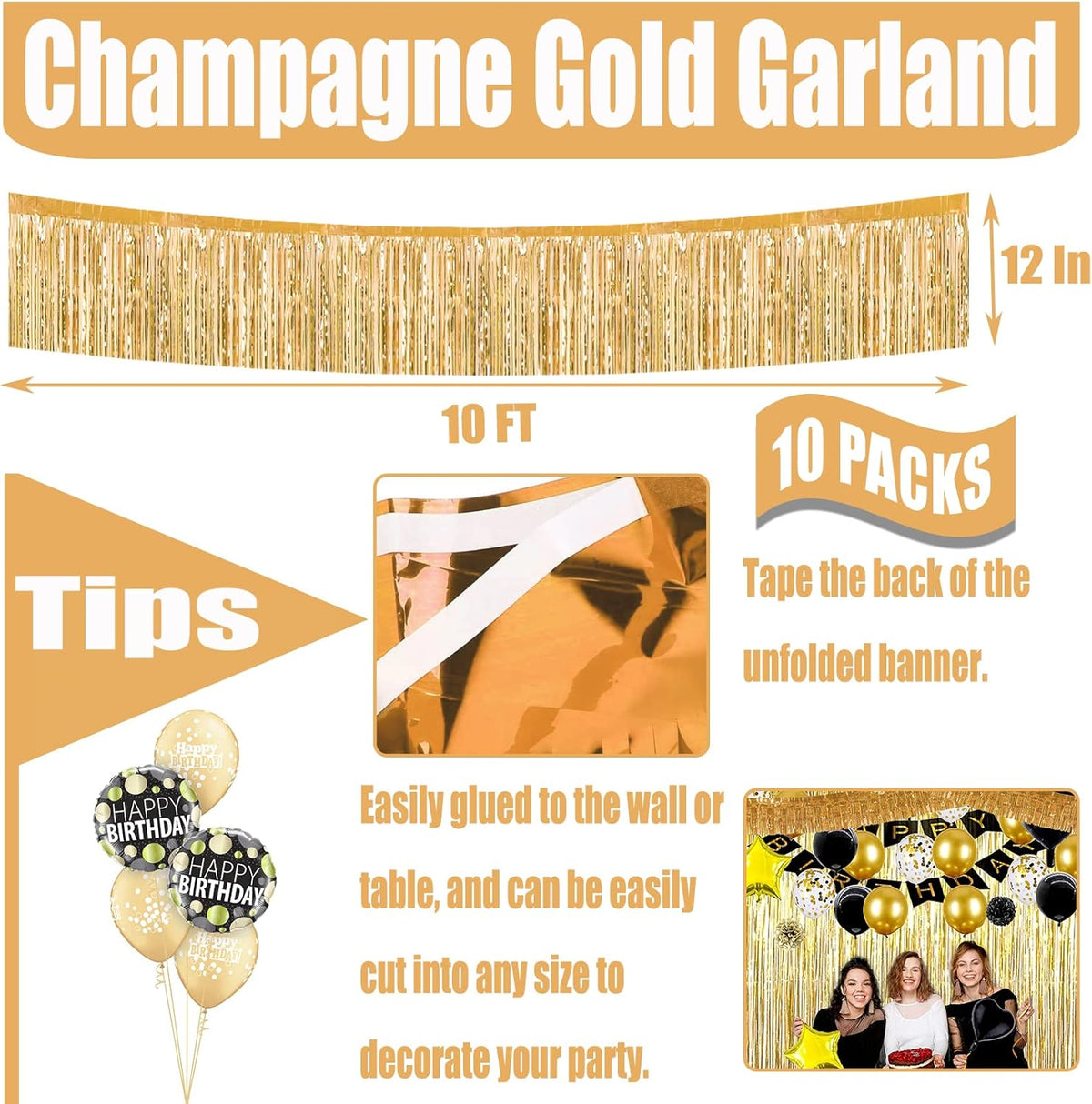 10 Pack 10 Feet Foil Fringe Garland Metallic Tinsel Streamers Banner Wall Hanging Curtain Backdrop for Parade Floats, Wedding, Disco, Birthday, Halloween, Christmas Party Decorations(Champagne Gold)