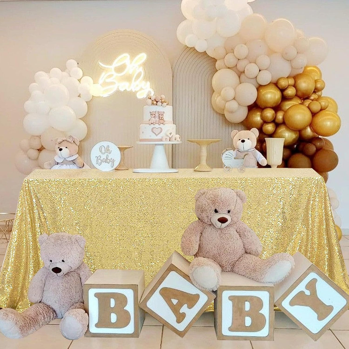 OQSQ Gold Sequin Tablecloth 50x80 inch, Glitter Drape Table Cloth, Sparkle Sequence Table Overlays for Thanksgiving Day Wedding Birthday Party Baby Bridal Shower