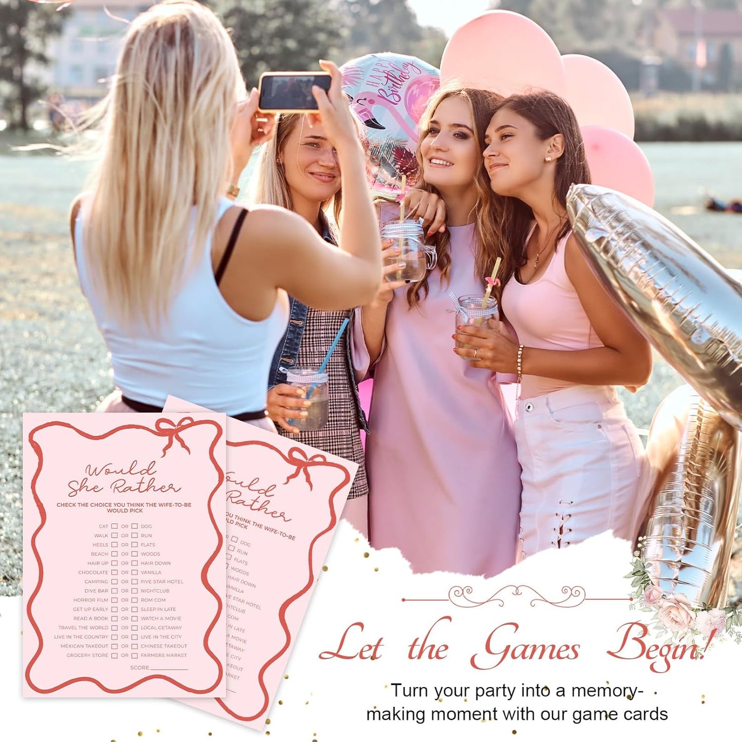 DEEKA 30 PCS Bridal Shower Games Card for 30 Guests Pink Wavy Border Ribbon Bow Funny Wedding Bachelorette Party Games for Reception (Would She Rather)