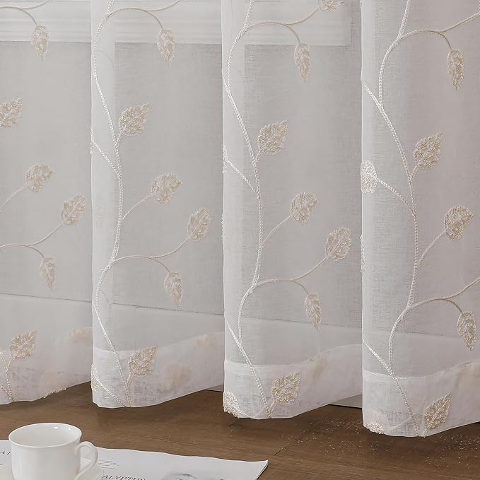 Beige Sheer Curtains Decorative Embroidered Leaf 84 Inches Long | Light - Image 4