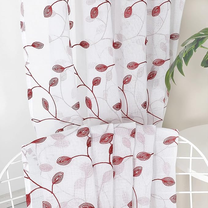 Tollpiz Leaves Short Sheer Curtain Burgundy Red Leaf Embroidery Bedroom - Image 6
