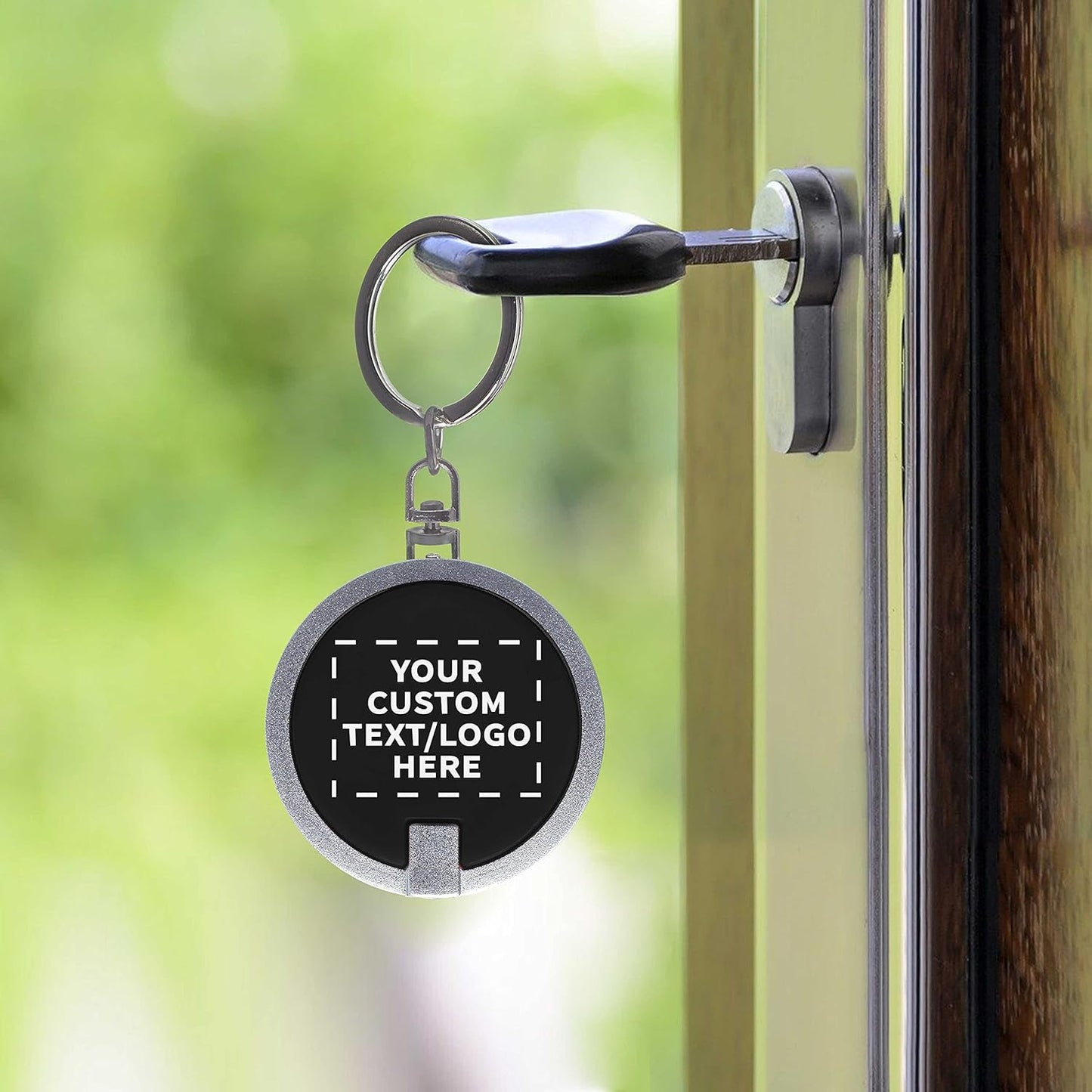 DISCOUNT PROMOS 10 Round LED Keychains - Customizable Text, Logo - Battery included, Plastic - Black