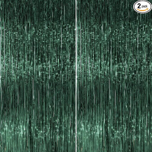 PartyWoo Green Foil Fringe Tinsel Streamers 2pcs 8.2FT Backdrop Curtain | Green by PartyWoo