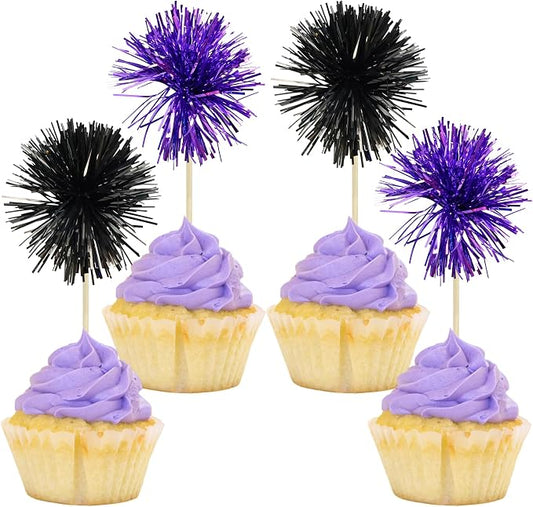 Gyufise 30Pcs Foil Firework Cupcake Toppers Sparkle Tinsel Cake Toppers Tinsel by Gyufise