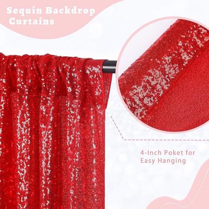 Red Sequin Backdrop Curtains Party Photo Glitter Drapes 2 Pcs 2FTx8FT | - Image 3