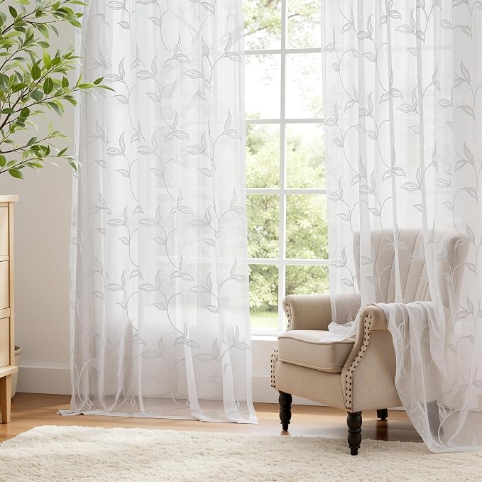 White Sheer Curtains Boho Leaf Floral Embroidered 54Wx96L | Light Filtering - Image 3