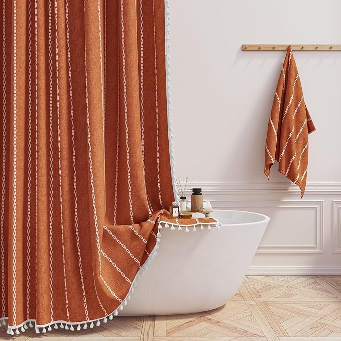 54 x 72 Boho Linen Heavy Duty Cloth Shower Curtain Set, Burnt Orange | Small by ShowerCurtain