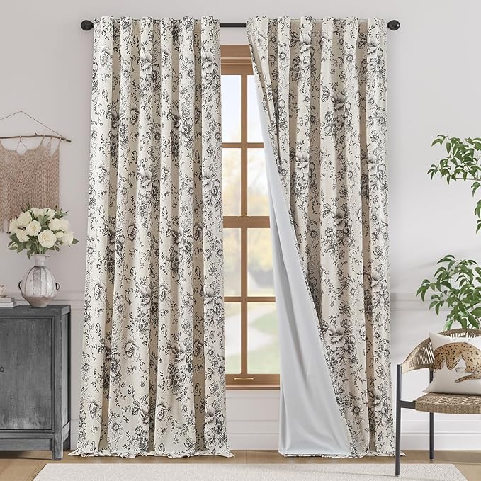 jinchan Black Floral Linen Curtains Lined 96 Inch Vintage Back Tab 2 Panels | by JINCHAN