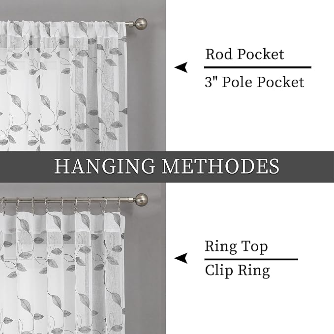 Tollpiz Grey Leaf Sheer Curtain Bedroom 38 x 63 Inches | Leaves Embroidered - Image 5