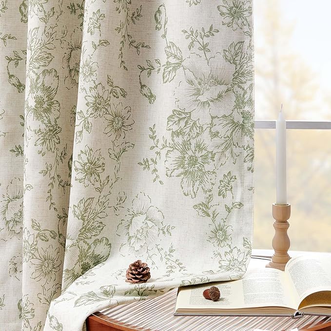 jinchan Green Floral Linen Blackout Curtains 84 Inch Back Tab 2 Panels | - Image 3