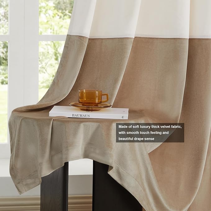BULBUL Cream Ivory Champagne Luxury Velvet Curtains 102 inch, Color Block | - Image 5