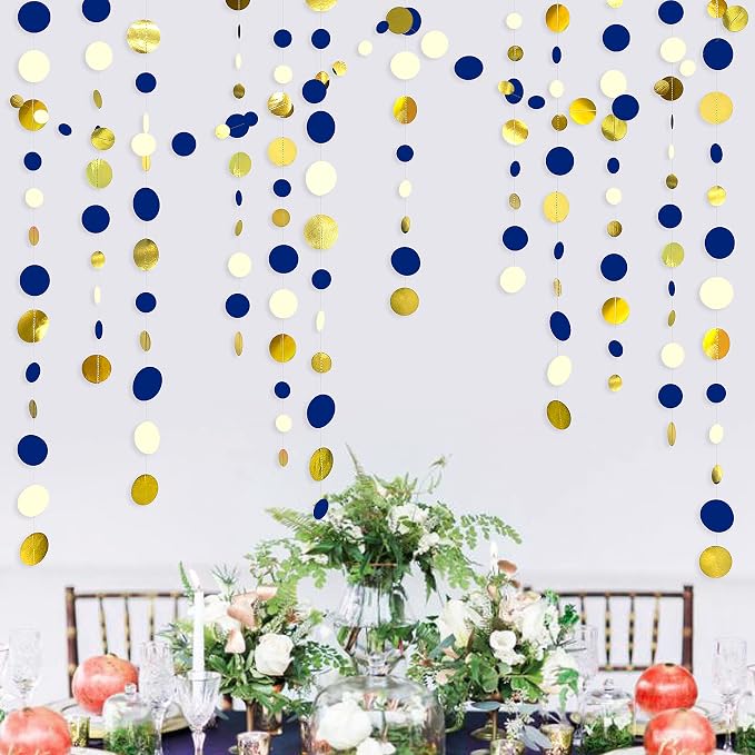Navy Blue and Gold Circle Dots Garland Royal Blue Hanging Paper Polka Dot - Image 6