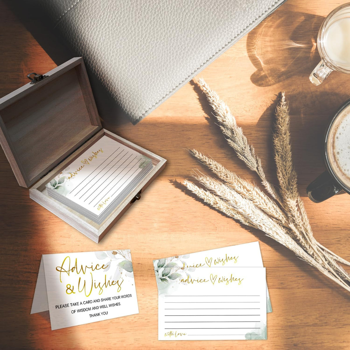 Watercolor Advice and Wishes Cards with Box - 50 Pcs Eucalyptus Advice Cards for Wedding, Bridal Shower, Baby Shower, Well Wishes Box for Graduation, Christmas, Birthday Party Decorations -A05