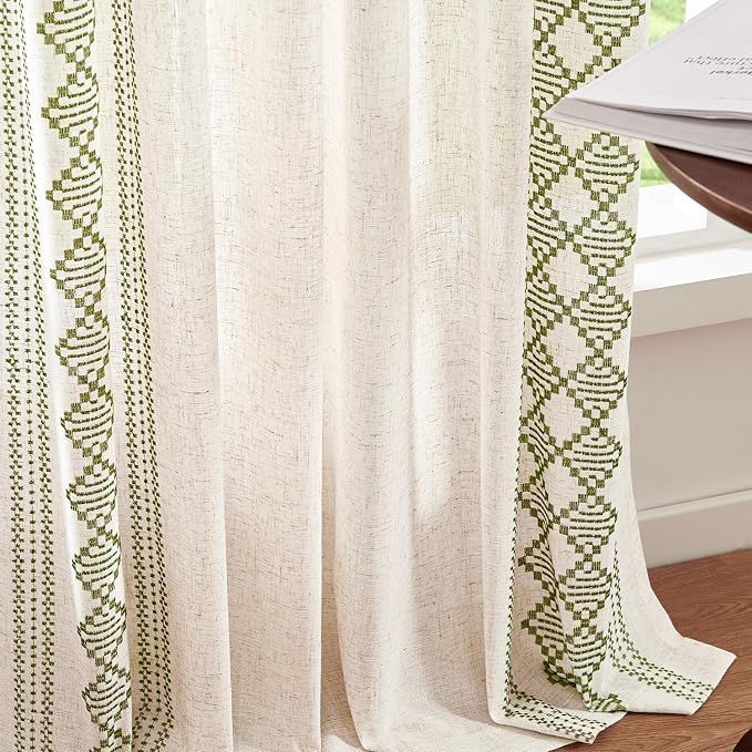 jinchan Floral Linen Curtains Embroidered Back Tab 50x63in 2 Panels Green | - Image 7