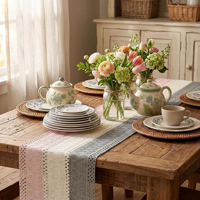 Artoid Mode Grey Beige Pink Farmhouse Rustic Table Runner 12x120 Inch | Holiday - Image 4
