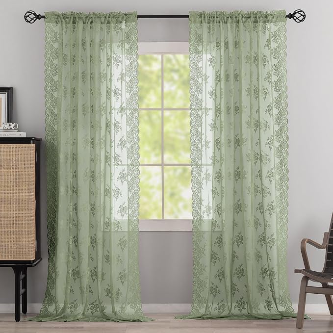 Kotile Vintage Sage Green Lace Curtains - Image 7