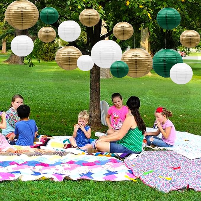 Green Gold Paper Lanterns Party Decorations, Round Hanging Lantern - Image 7