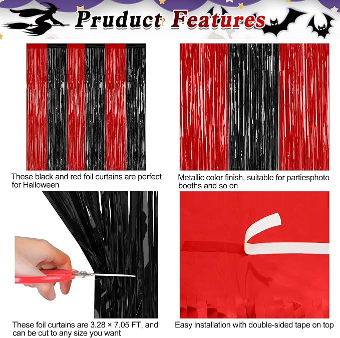 ZATAYE 8 Pack Black Red Halloween Foil Curtain Streamer Decorations | Black Red - Image 4