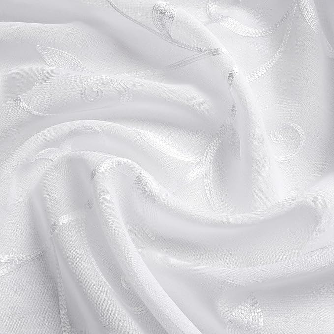 White Sheer Curtains Embroidered Leaves 2 Panels 54Wx96L | Light Filtering - Image 4