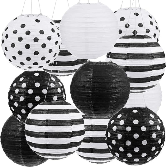 Treela 12 Pack Black and White Paper Lanterns Back to School 8" Round Hanging by Treela