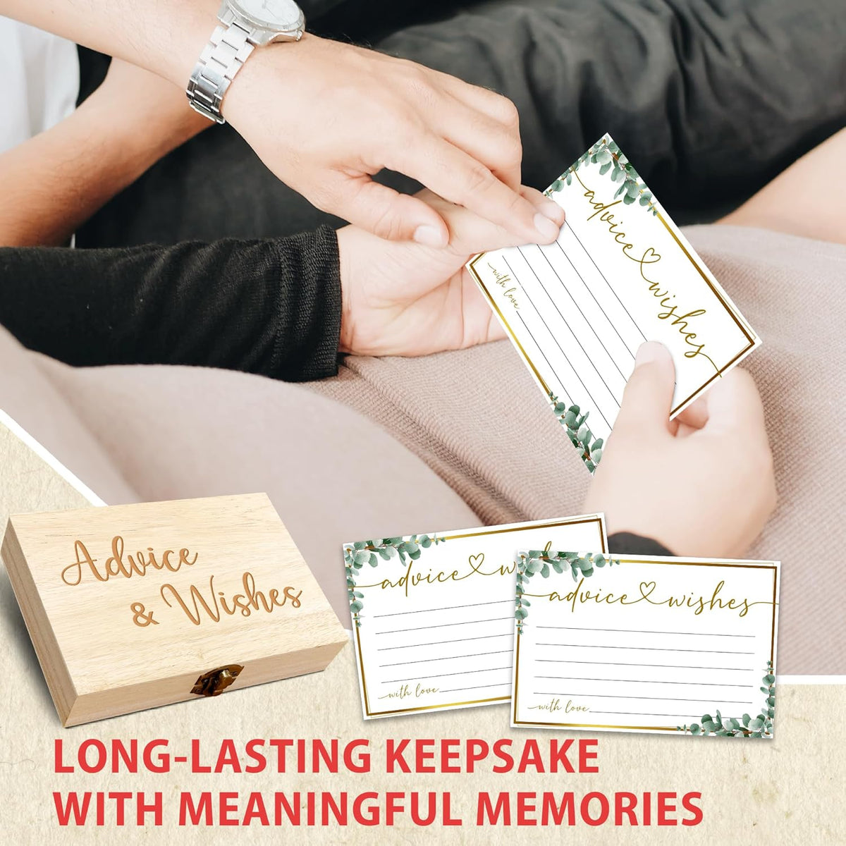 Advice and Wishes Cards Box, 50 Pcs Birthday Wedding Baby Shower Advice Cards, Well Wishes Box for Birthday Party Graduation Bridal Shower Retirement Party, Anniversary(Eucalyptus) -A06