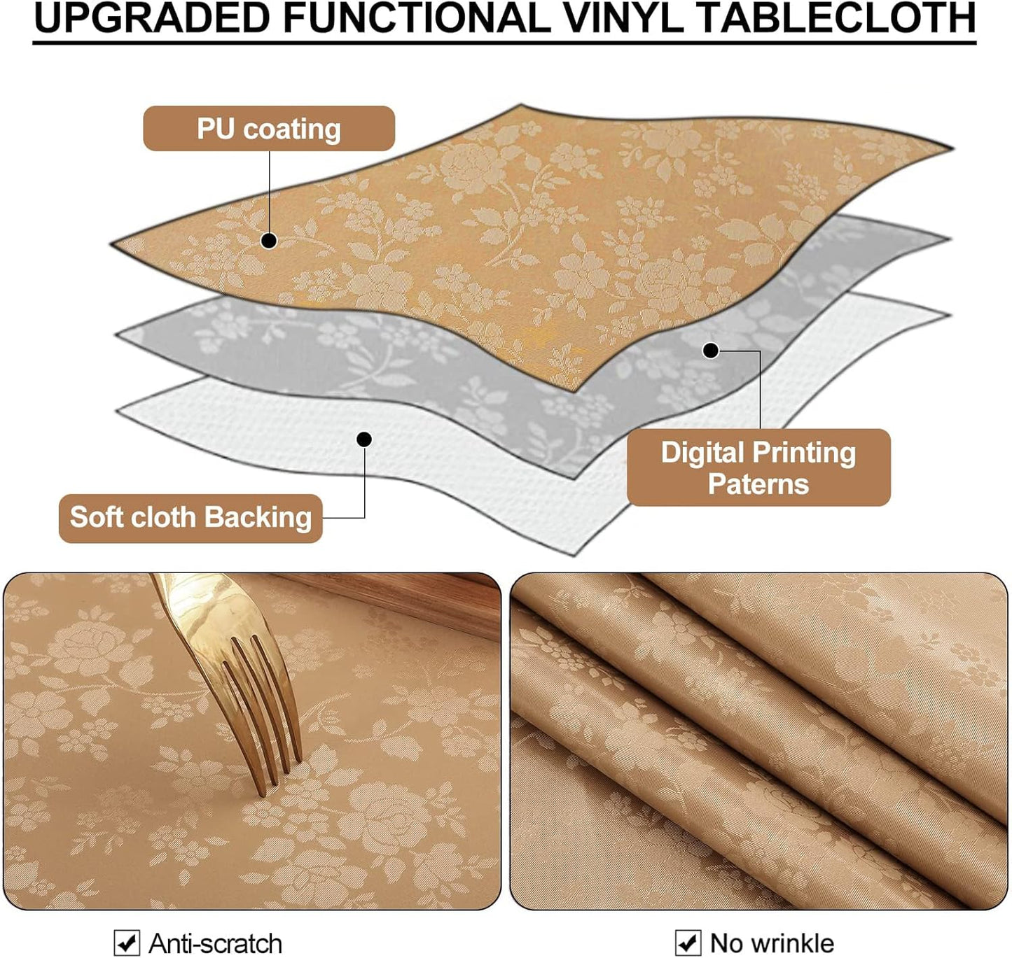 Smiry Rectangle Table Cloth, Waterproof Heavy Duty Vinyl Tablecloths, Wipeable Washable Table Cover for Kitchen and Dining Room (Brown, 52" X 70")