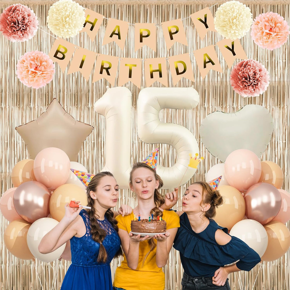 Beige 15th Birthday Decorations Girls Boys Cream Number 15 Balloon Nude Gold Happy Birthday Banner Fringe Curtain Paper Pom Poms Blush White Sand Champagne Star Foil Balloons Neutral Boho Party Decor
