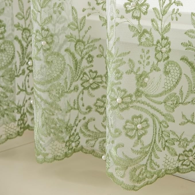 White Sheer Voile Curtains Green Embossed Butterflies 96 Inches | Light - Image 6