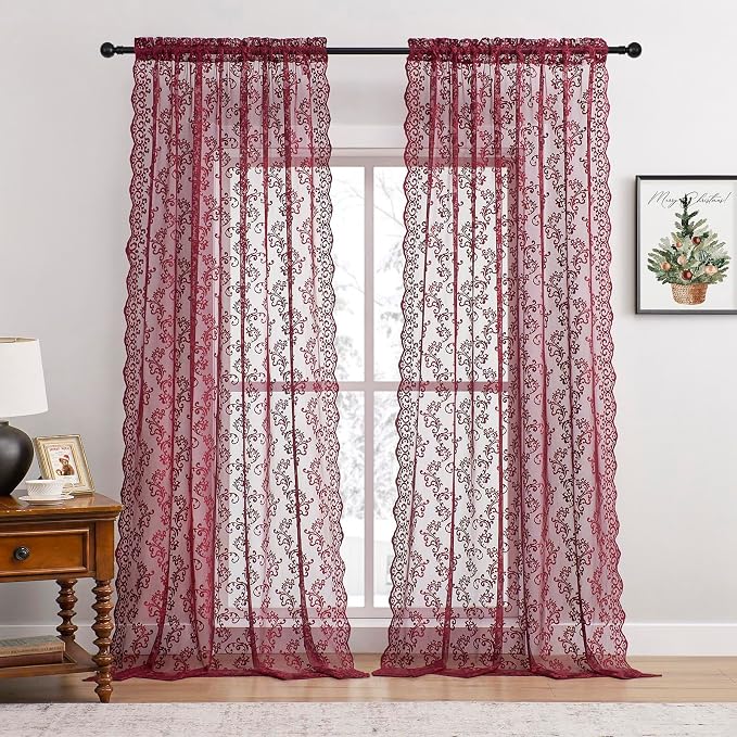 Burgundy Lace Curtains 72 Inch Length 2 Panels - Image 2