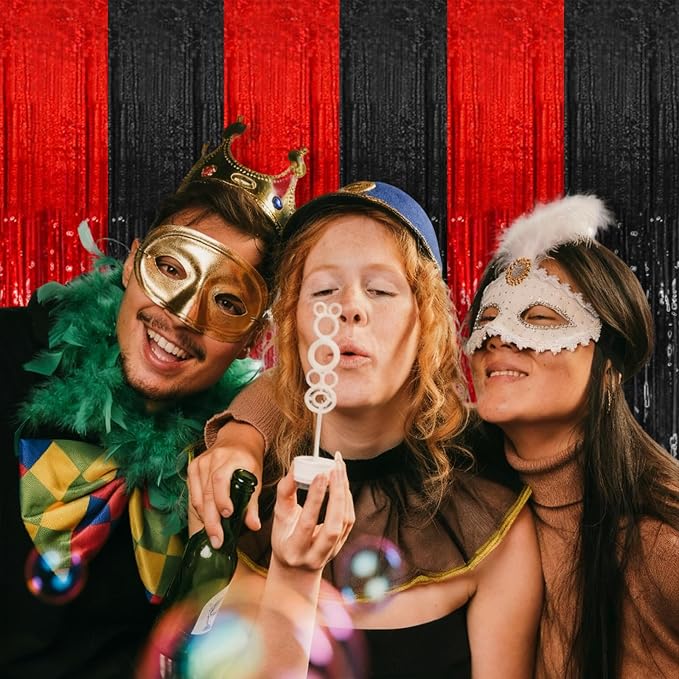 2 Pack Black and Red Party Backdrop Streamers Decorations Foil Fringe Curtains - Image 3