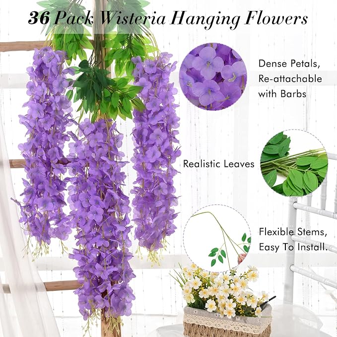 36 Pack Wisteria Hanging Flowers, 3.6 Feet/Pcs Purple Wisteria Artificial - Image 3